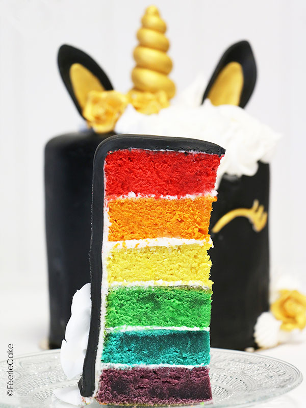 Layer Cake aux couleurs d'un Rainbow Cake recouvert de Pâte à Sucre pour un gâteau Licorne