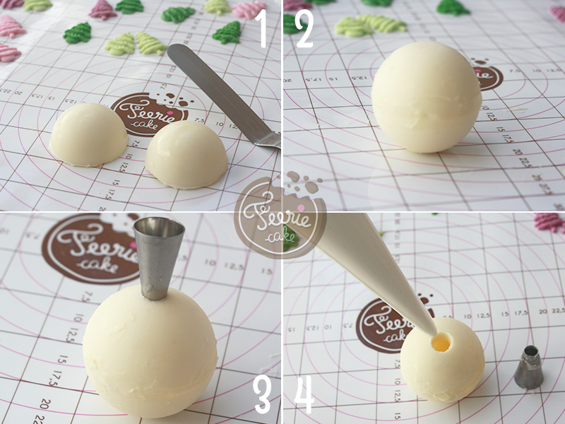 Fourrage de la boule en chocolat avec la mousse au chocolat blanc