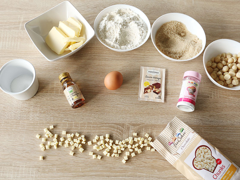 Les ingrédients pour la recette des cookies chocolat blanc et noix de macadamia