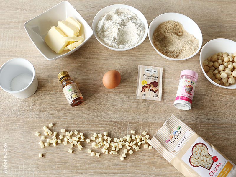 Les ingrédients pour la recette des cookies chocolat blanc et noix de macadami